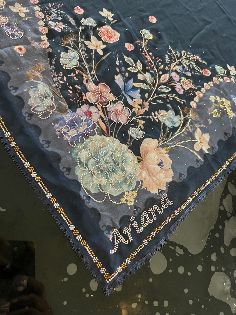 Embellished Floral Navy Scarf with Rhinestones